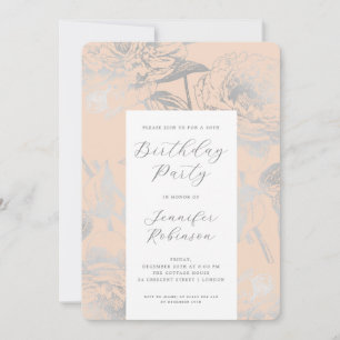 Elegantes Script Silver Floral Geburtstagsparty Bl Einladung