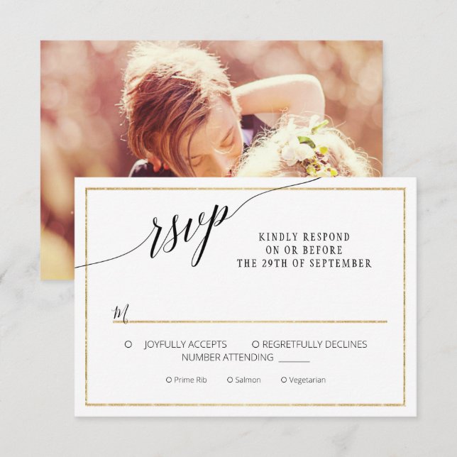 Elegantes Script Simple Gold Minimal Wedding Foto RSVP Karte (Vorne/Hinten)