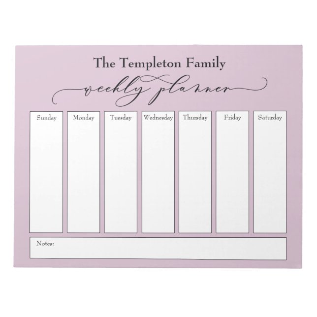 Elegantes Script Simple Weekly Planner, Mauve Pink Notizblock (Vorderseite)