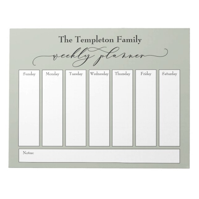 Elegantes Script Simple Weekly Planner, Sage Green Notizblock (Vorderseite)