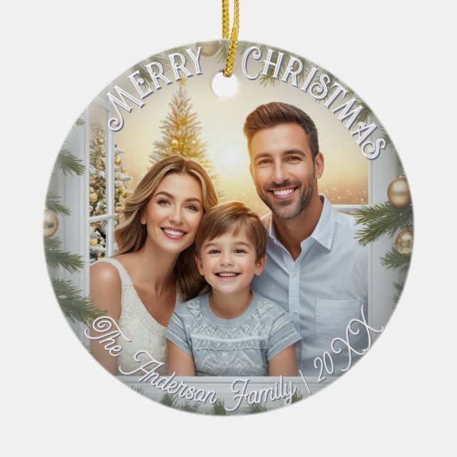 Elegantes Script Stilvolles Foto Frohe Weihnachten Keramik Ornament (Vorne)