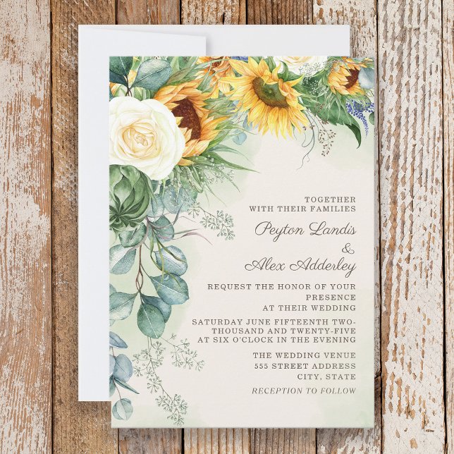 Elegantes Script Sunflowers Eukalyptus Wedding Einladung (Sunflowers and eucalyptus wedding invitation)