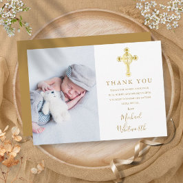 Elegantes Script Taufe Gold Cross Foto Dankeskarte