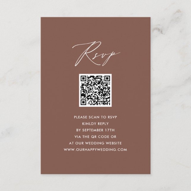 Elegantes Script Terracotta Simple QR Wedding RSVP Begleitkarte (Vorderseite)