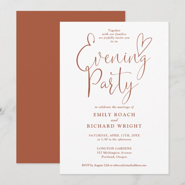 Elegantes Script Terracotta Wedding Abend Party Einladung (Vorne/Hinten)