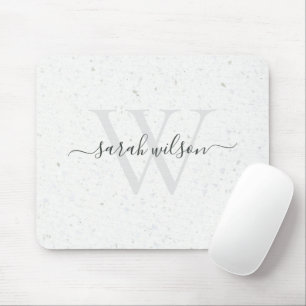 Elegantes Script Terrazzo Stone Ivory Gray Monogra Mousepad