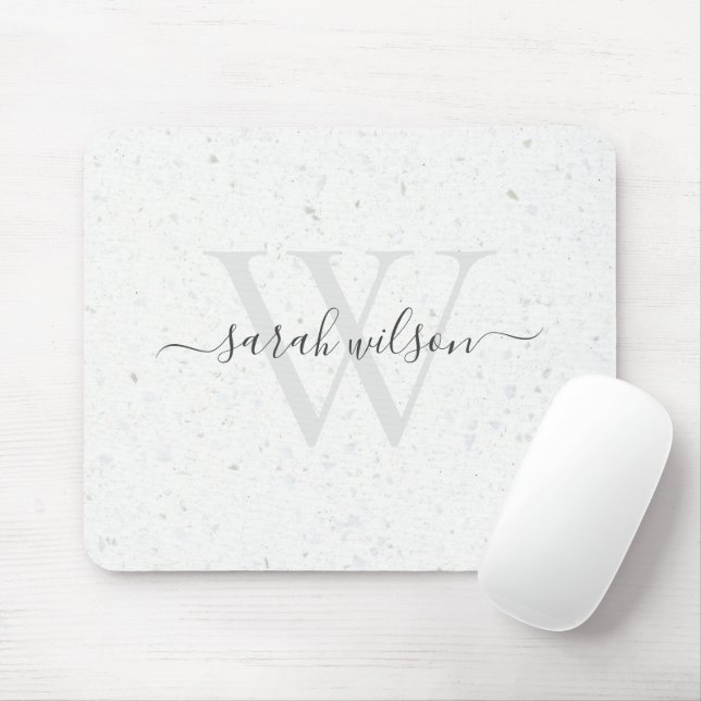 Elegantes Script Terrazzo Stone Ivory Gray Monogra Mousepad (Mit Mouse)
