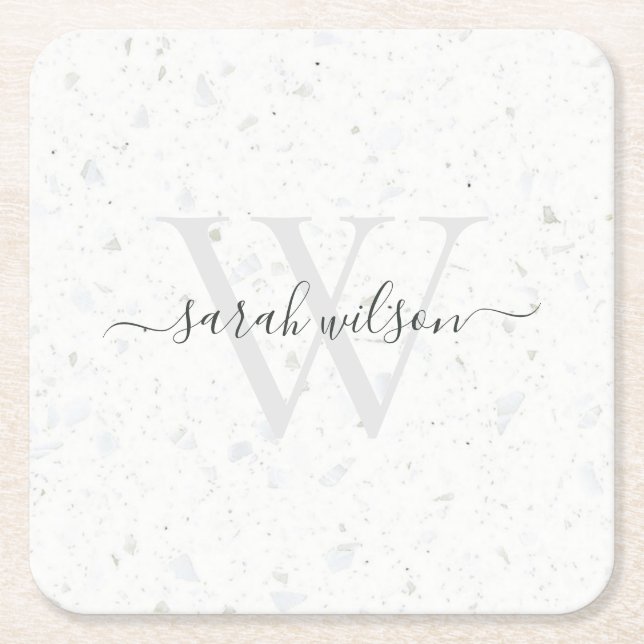 Elegantes Script Terrazzo Stone Ivory Gray Monogra Rechteckiger Pappuntersetzer (Vorderseite)