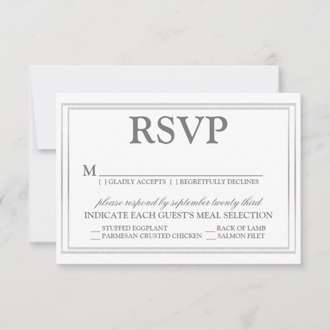 Elegantes Script und Silver Border Wedding RSVP (Vorderseite)