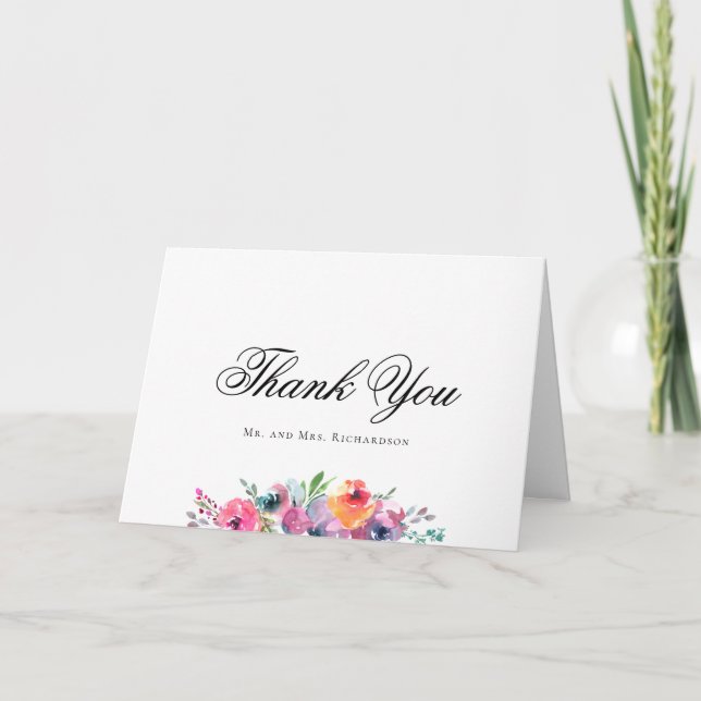 Elegantes Script Watercolor Floral Wedding Foto Dankeskarte (Vorderseite)