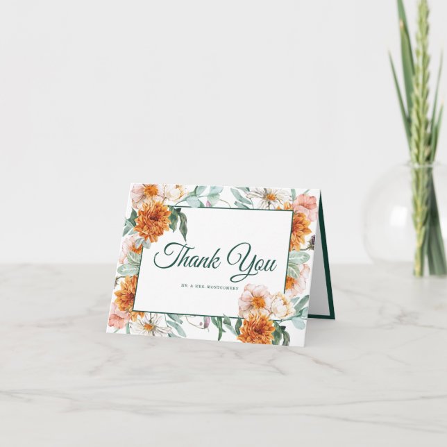 Elegantes Script Watercolor Floral Wedding Foto Dankeskarte (Vorderseite)