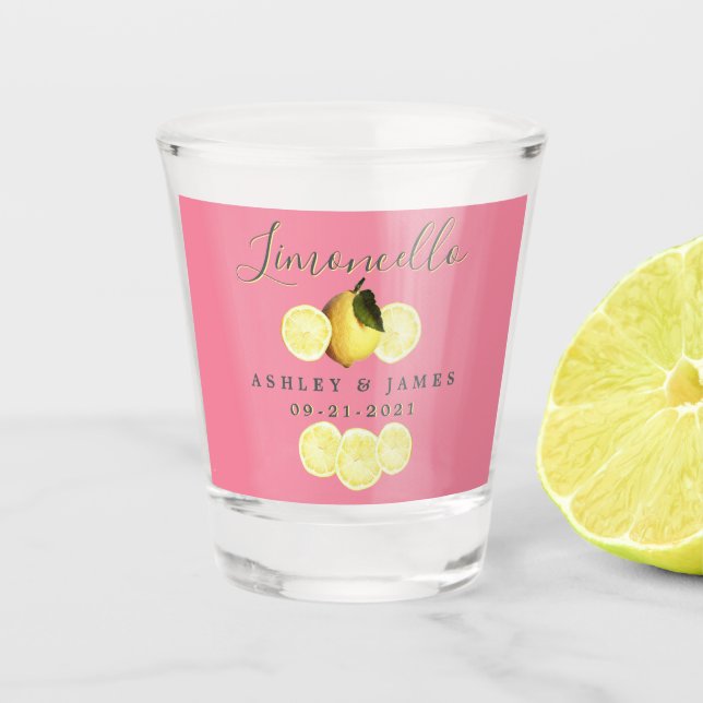 Elegantes Script Watercolor Lemon Wedding Limoncel Schnapsglas (Vorderseite)