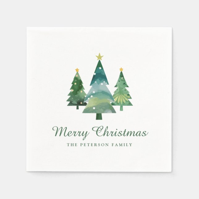 Elegantes Script Watercolor Weihnachtsbaumen Serviette (Vorderseite)