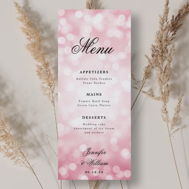 Elegantes Script Wedding Blush Pink Bokeh Lights Menükarte (Elegant Script Wedding Blush Pink Bokeh Lights Menu)