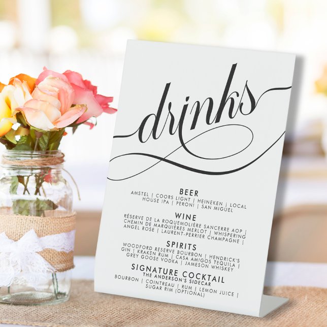 Elegantes Script Wedding Drinks Bar Menu Poster Sockelschild (Von Creator hochgeladen)