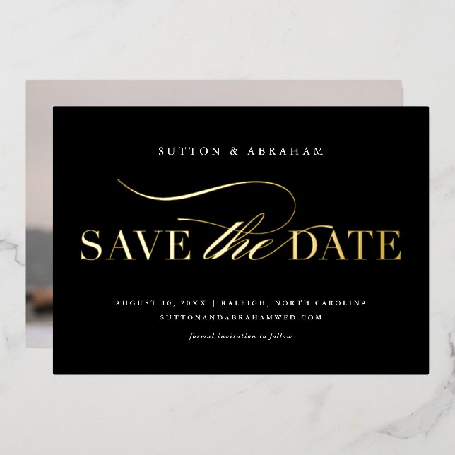 Elegantes Script Wedding Foto Save the Date Gold Folieneinladung (Vorderseite/Rückseite)