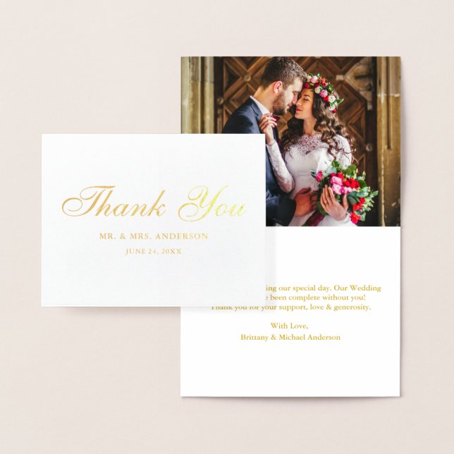 Elegantes Script Wedding Foto Vielen Dank Gold Hin Folienkarte (Anzeige)