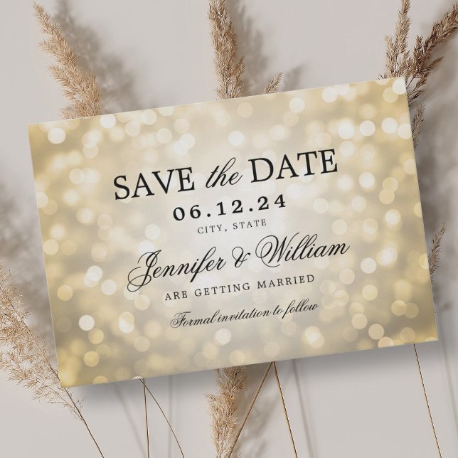 Elegantes Script Wedding Gold Bokeh Lights Save The Date (Elegant Script Wedding Gold Bokeh Lights Save The Date)