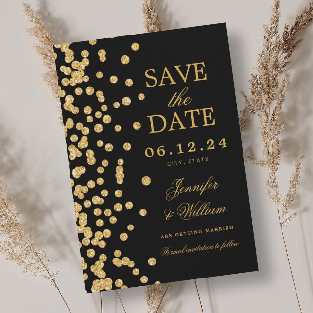 Elegantes Script Wedding Gold Confetti Black Save The Date (Elegant Script Wedding Gold Confetti Black Save The Date)