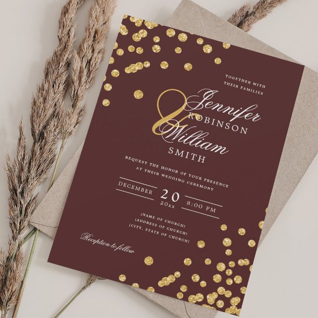 Elegantes Script Wedding Gold Confetti Burgundy Einladung (Elegant Script Wedding Gold Confetti Burgundy Invitation)