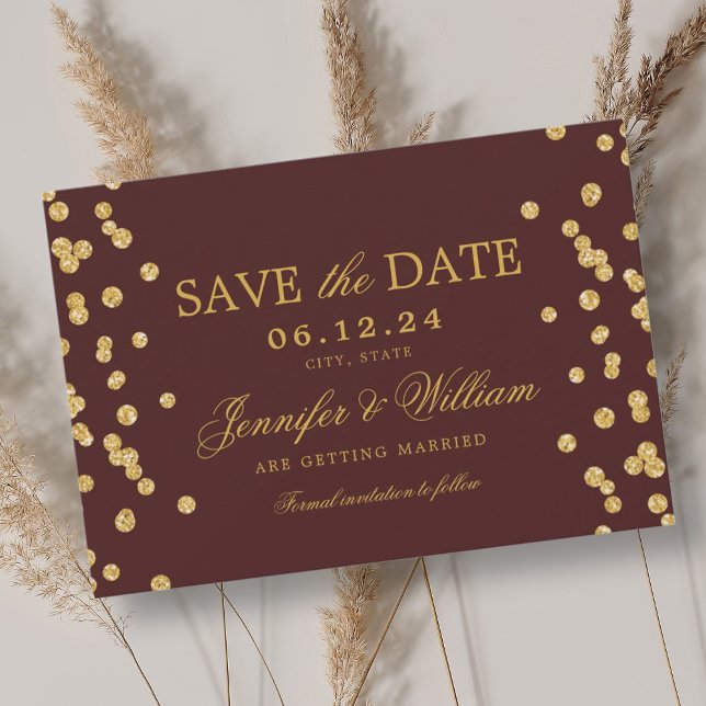 Elegantes Script Wedding Gold Confetti Burgundy Save The Date (Elegant Script Wedding Gold Confetti Burgundy Save The Date)