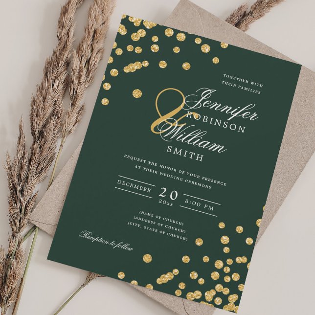 Elegantes Script Wedding Gold Confetti Emerald Gre Einladung (Elegant Script Wedding Gold Confetti Emerald Green Invitation)
