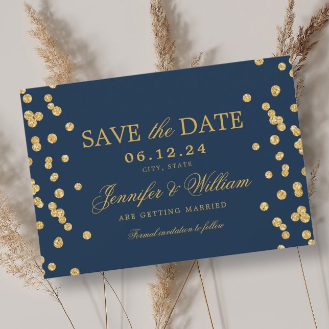 Elegantes Script Wedding Gold Confetti Navy Blue Save The Date (Elegant Script Wedding Gold Confetti Navy Blue Save The Date)