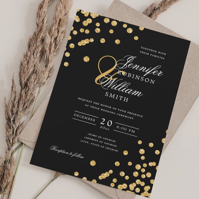 Elegantes Script Wedding Gold Glitzer Confetti Bla Einladung (Elegant Script Wedding Gold Glitter Confetti Black Invitation)