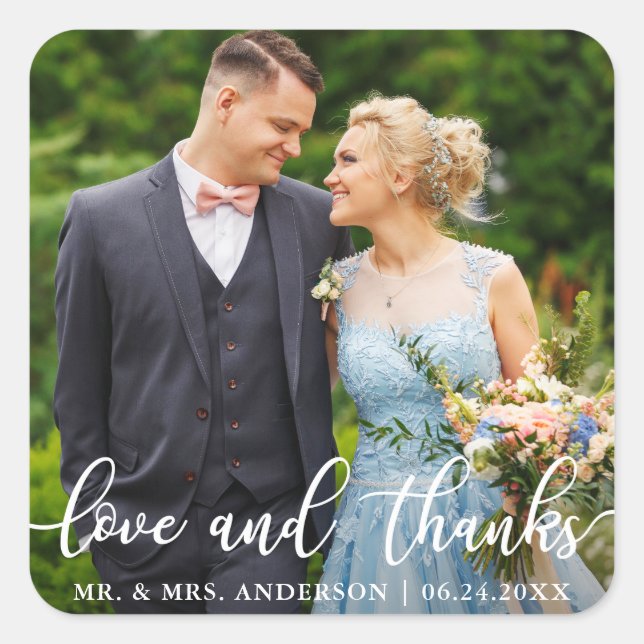Elegantes Script Wedding Liebe and Danke Foto Quadratischer Aufkleber (Vorderseite)