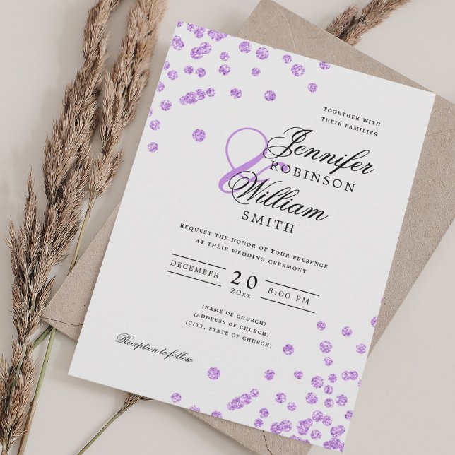 Elegantes Script Wedding Lila Confetti QR UAWG Einladung (Elegant Script Wedding Purple Confetti QR RSVP Invitation)