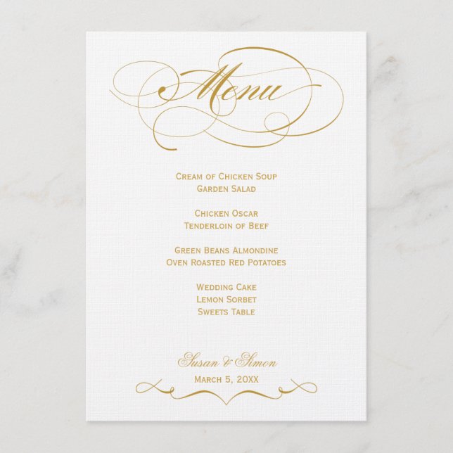 Elegantes Script Wedding Menu - Gold Menükarte (Vorderseite)