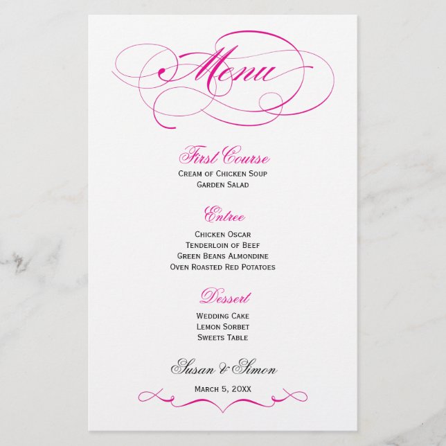 Elegantes Script Wedding Menu - Hellrosa (Vorderseite)