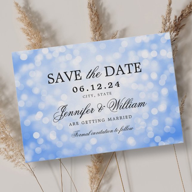 Elegantes Script Wedding Navy Blue Bokeh Lights Save The Date (Elegant Script Wedding Navy Blue Bokeh Lights Save The Date)