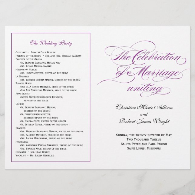 Elegantes Script Wedding Program - Lila (Vorderseite)