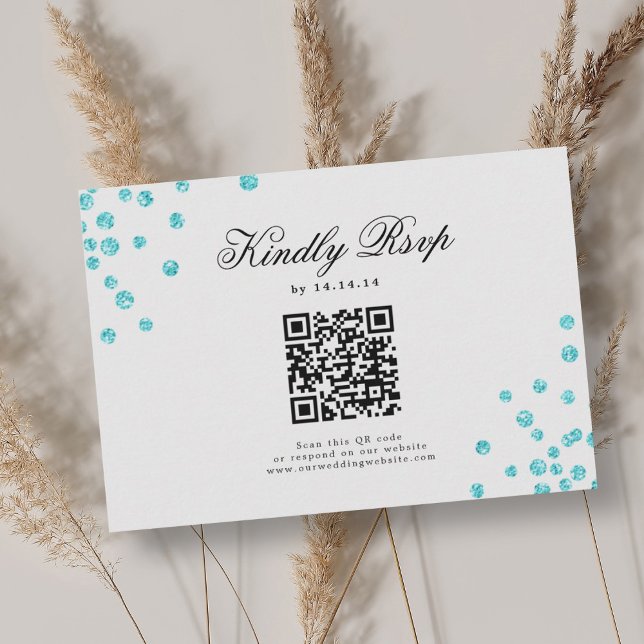 Elegantes Script Wedding QR UAWG Turquoise Confett RSVP Karte (Elegant Script Wedding QR RSVP Turquoise Confetti )