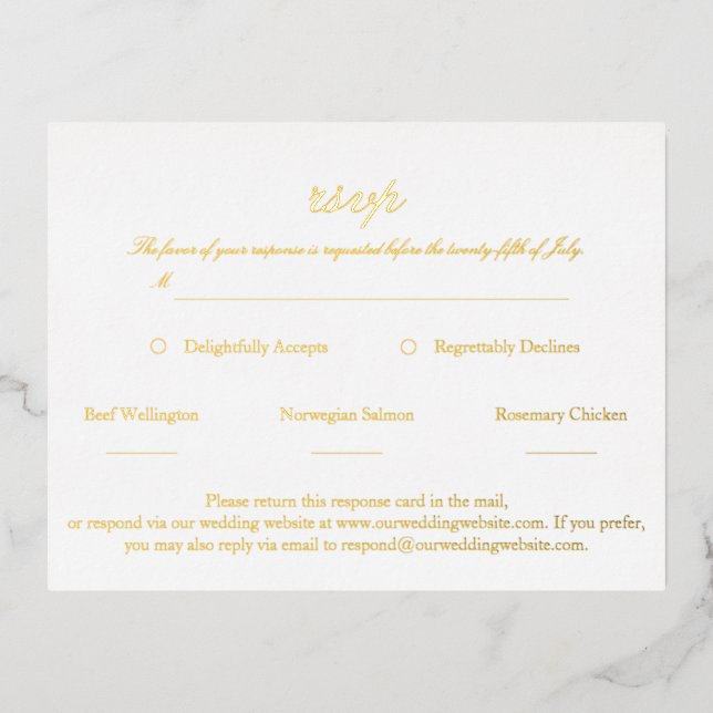 Elegantes Script Wedding RSVP Real Gold Folie Einladungspostkarte (Vorderseite)