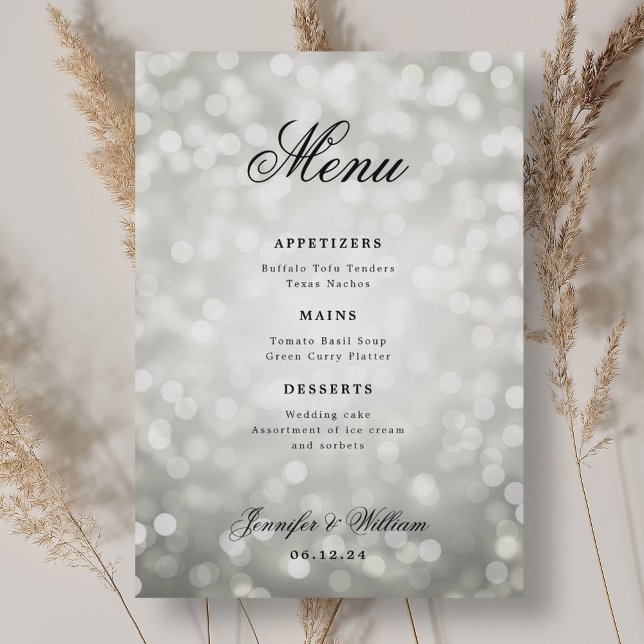 Elegantes Script Wedding Silver Bokeh Lights Menükarte (Elegant Script Wedding Silver Bokeh Lights Menu)
