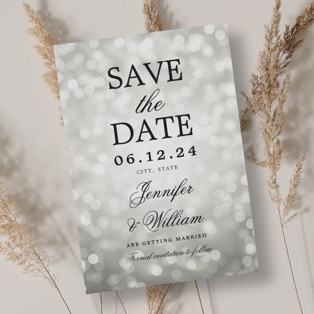 Elegantes Script Wedding Silver Bokeh Lights Save The Date (Elegant Script Wedding Silver Bokeh Lights Save The Date)