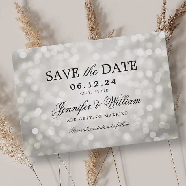 Elegantes Script Wedding Silver Bokeh Lights Save The Date (Elegant Script Wedding Silver Bokeh Lights Save The Date)