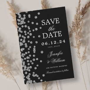Elegantes Script Wedding Silver Confetti Black Save The Date