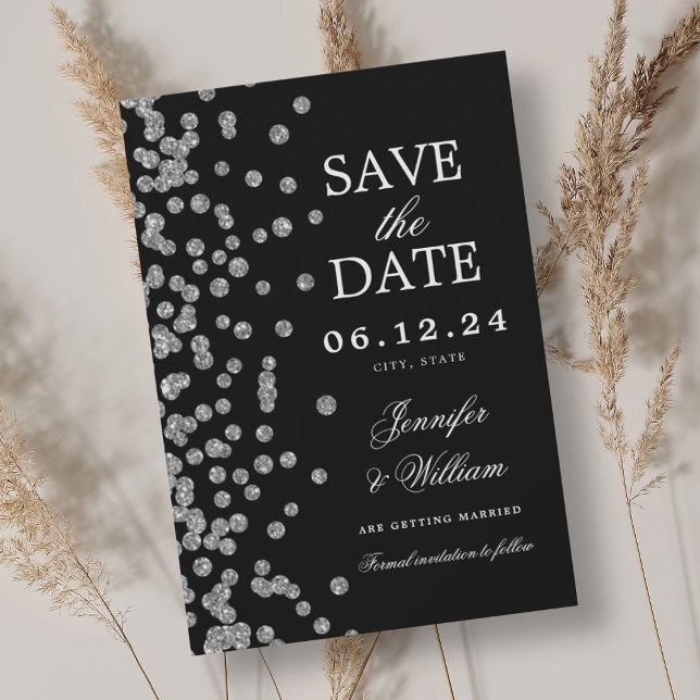 Elegantes Script Wedding Silver Confetti Black Save The Date (Von Creator hochgeladen)