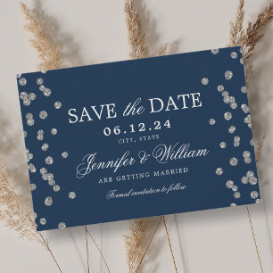 Elegantes Script Wedding Silver Confetti Navy Save The Date