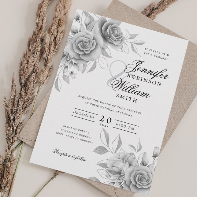 Elegantes Script Wedding Silver Watercolor Floral Einladung (Elegant Script Wedding Silver Watercolor Floral Invitation)