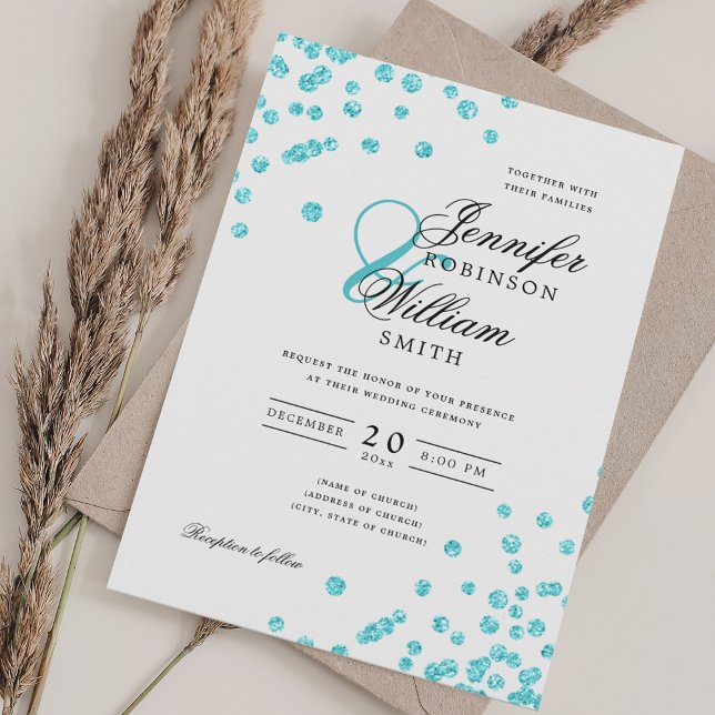 Elegantes Script Wedding Türkis Glitzer Confetti Einladung (Elegant Script Wedding Turquoise Glitter Confetti Invitation)