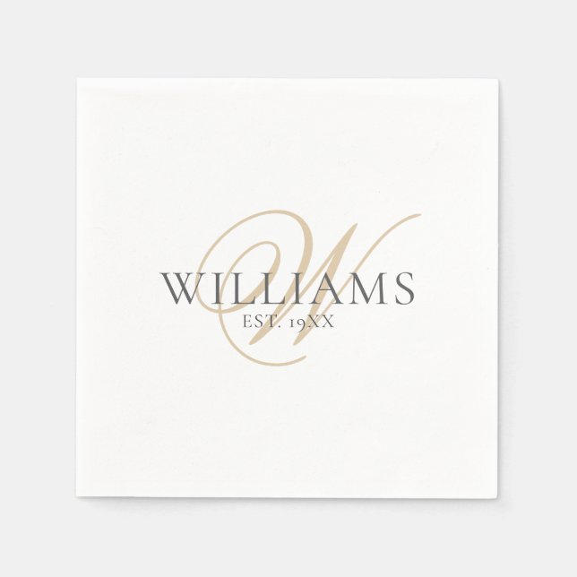 Elegantes Script White Gray Gold Monogram Serviette (Vorderseite)