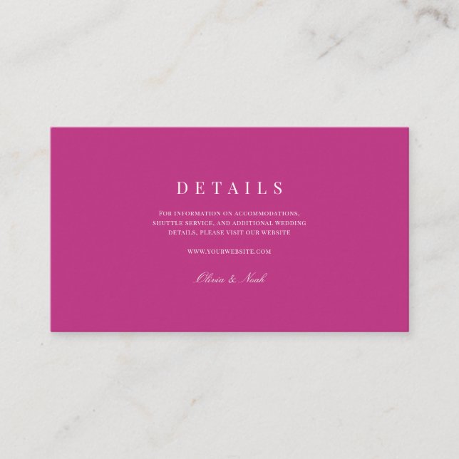 Elegantes Script White & Magenta Wedding Details Begleitkarte (Vorderseite)