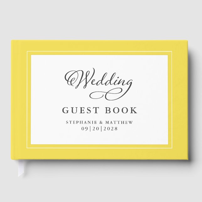 Elegantes Script Yellow Wedding Gästebuch Trendy (Vorderseite)