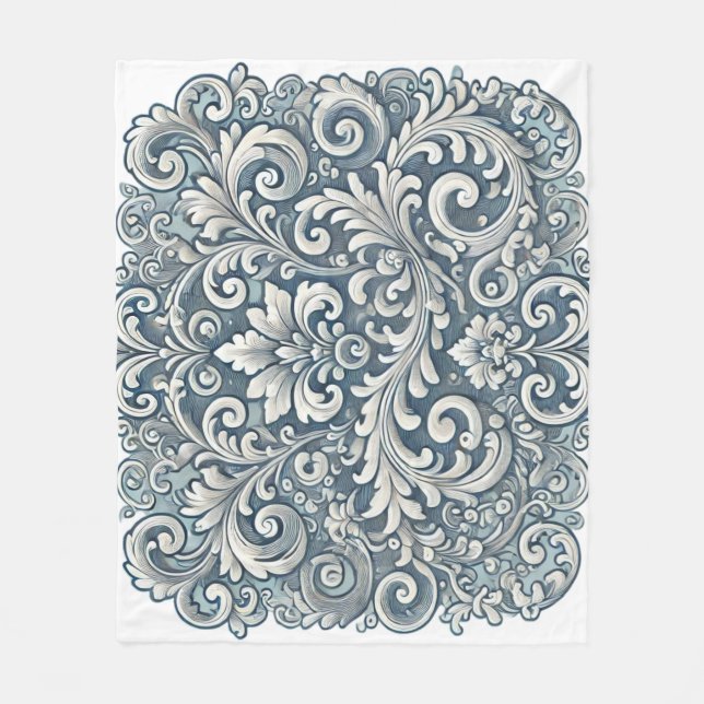 Elegantes Scrolling Damask Muster in Soft Blue und Fleecedecke (Vorderseite)