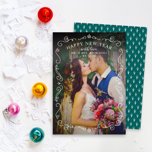 Elegantes Scrolls Happy New Year Aquamarin Green F Feiertagskarte