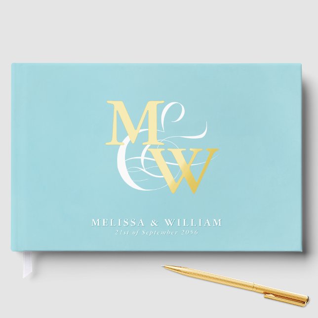 Elegantes Sea Glass Aquamarin Wedding Gold Gästebuch (Von Creator hochgeladen)